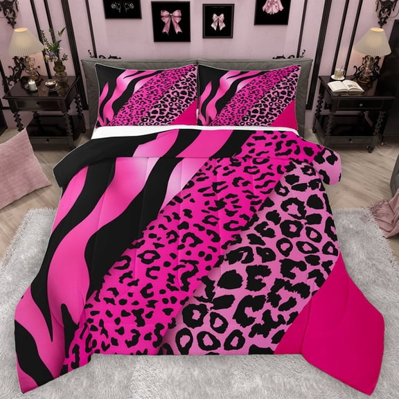 Manfei Chic Zebra Leopard Print Queen Comforter Set, Pink Wateroclor Art Bedding Sets, Modern Fashion Abstract Reversible Bedding Comforter Set, Luxury Bedroom Decor, 3pcs