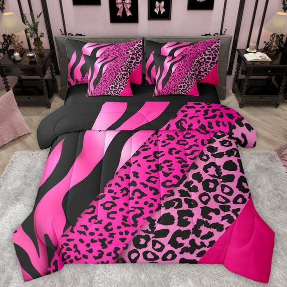 Manfei Chic Zebra Leopard Print Twin Bedding Sets 7-Piece, Pink Wateroclor Art Bedding Comforter Set, Modern Fashion Abstract Reversible Sheet Sets, Luxury Bedroom Decor