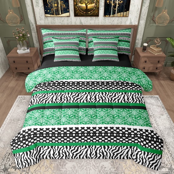 Manfei Chic Zebra Print Bedding Comforter Set 7pcs for Women, Western Hippie Damask Queen Bedding Sets, Abstract Ombre Green Reversible Queen Sheet Sets, Super Cozy Room Decor