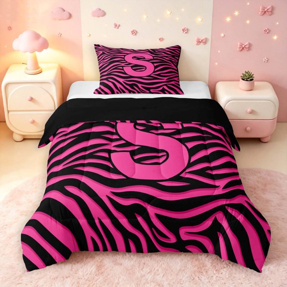 Manfei Chic Zebra Print Twin Comforter Sets,Initial S Bedding Set,Hot Pink,Black Reversible,2-Piece,1 Comforter and 1 Pillowcase