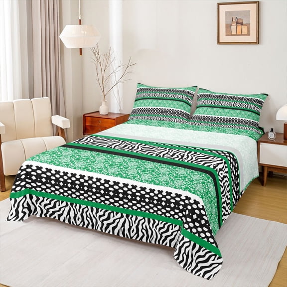 Manfei Chic Zebra Print Twin Sheet Sets for Women, Western Hippie Damask Twin Fitted Sheet, Abstract Ombre Green Flat Sheet, Super Cozy Room Decor, 3 Pieces