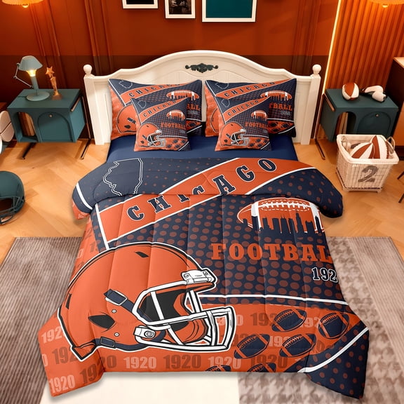 Manfei Chicago Twin Bedding Sets 7pcs,Rugby Sports Bedding Comforter Set 7pcs,American Ball Sport Sheet Sets,Breathable Room Decorative Reversible