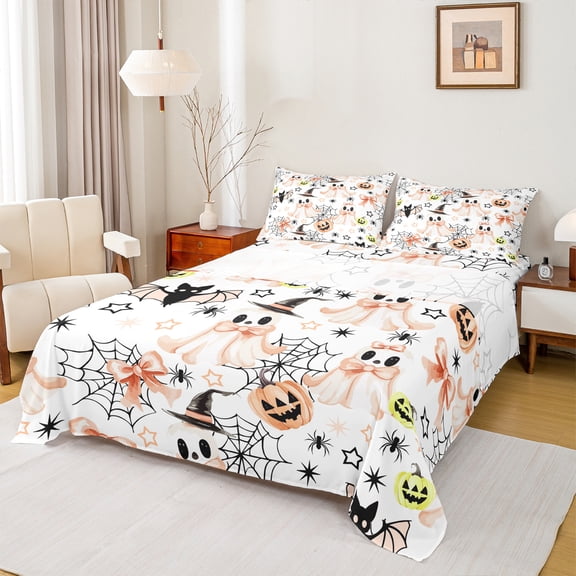 Manfei Child Bow Ghost Bed Sheets, Kawaii Bat Spider King Sheets, White Orange Cartoon Halloween Sheet Set, Ultra Soft Home Decor, 4pcs