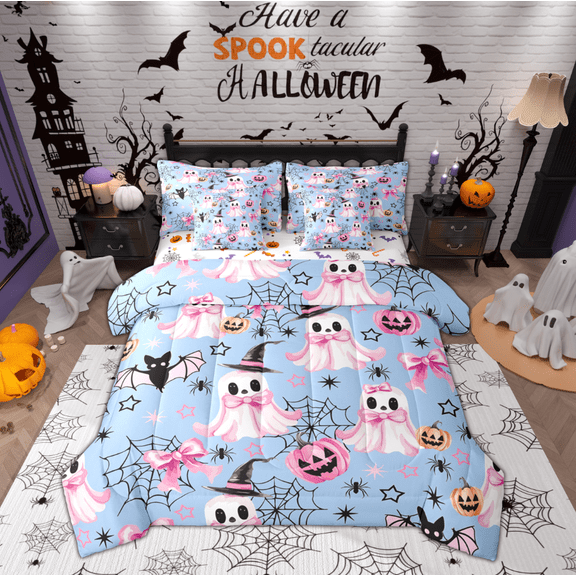 Manfei Child Bow Ghost Bedding Comforter Set 7-Piece, Kawaii Bat Spider King Bedding Sets, Blue Cartoon Halloween Reversible Bed Sheets, Lightweight Room Decor
