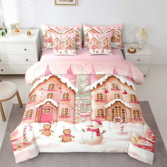 Manfei Child Gingerbread Man Bedding Comforter Set 7 Pieces, Pink Rustic Cabin Full Bedding Set, Kawaii Christmas Snowman Reversible Fitted Sheet Flat Sheet, Super Cozy Room Decor