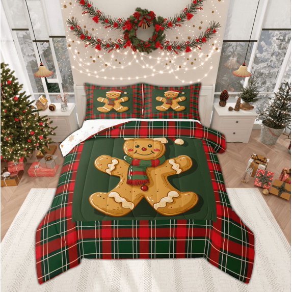 Manfei Child Gingerbread Man Full Size Comforter Sets, Green Red Buffalo Plaid Bedding Comforter Set, Kawaii Christmas Snowman Reversible Bedding Sets, Lightweight Room Decor, 3-Piece