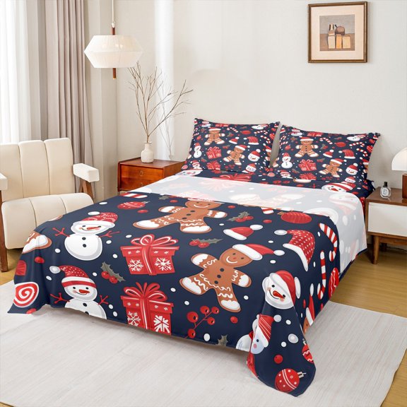 Manfei Child Gingerbread Man Queen Sheet Sets, Navy Red Cartoon Flat Sheet, Kawaii Christmas Snowman Queen Fitted Sheet, Breathable Home Decor, 4pcs