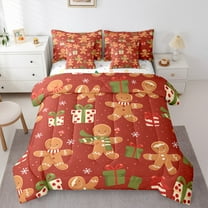 Manfei Child Gingerbread Man Twin Bedding Sets 7-Piece, Red Green Cartoon Bedding Comforter Set, Kawaii Christmas Snowflake Reversible Sheet Sets, Ultra Soft Home Decor
