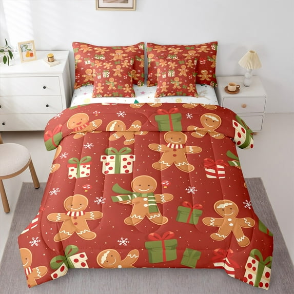 Manfei Child Gingerbread Man Twin Bedding Sets 7-Piece, Red Green Cartoon Bedding Comforter Set, Kawaii Christmas Snowflake Reversible Sheet Sets, Ultra Soft Home Decor