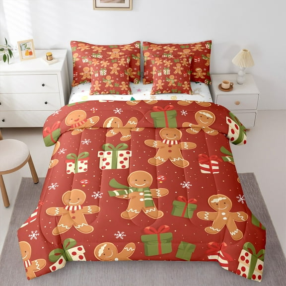 Manfei Child Gingerbread Man Twin Bedding Sets 7-Piece, Red Green Cartoon Bedding Comforter Set, Kawaii Christmas Snowflake Reversible Sheet Sets, Ultra Soft Home Decor