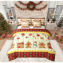 Manfei Child Gingerbread Man Twin Bedding Sets 7-Piece, Yellow Red Cartoon Bedding Comforter Set, Kawaii Christmas Snowman Reversible Sheet Sets, Ultra Soft Home Decor