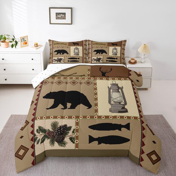 Manfei Child Rustic Farmhouse Bedding Comforter Set, Woodland Wildlife Twin Comforter Sets, Bear Reindeer Animal Reversible Bedding Set, Super Cozy Room Decor, 2-Piece