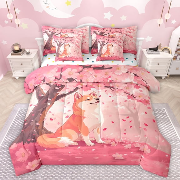 Manfei Child Teens Cute Animal Corgi Bedding Comforter Set 7-Piece,Cherry Blossoms King Bedding Sets,Flower Dog Ultra Soft Bed Sheets,Super Cozy Room Decor,Reversible
