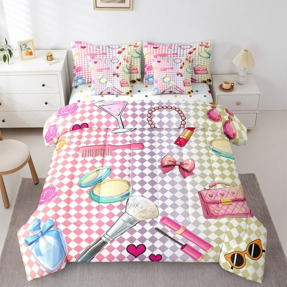 Manfei Children Cosmetics Perfume Bedding Comforter Set 7-Piece,Colorful Geometric Plaid King Bedding Sets,Make Up Lipsticks Bed Sheets For Girls,Breathable Home Decor,Reversible