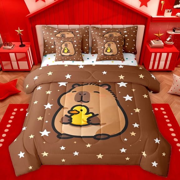 Manfei Children Kids Cute Capybara Yellow Duck Bedding Comforter Set 7-Piece,Stars Print King Bedding Sets,Cartoon Animal Ultra Soft Bed Sheets,Super Cozy Room Decor,Reversible