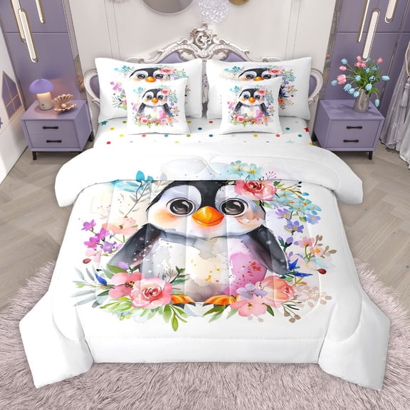 Manfei Children Kids Cute Floral Penguin 7-Piece Bedding Comforter Set,Cartoon Animal King Bedding Sets,Watercolor Wildlife Flower Ultra Soft Bed Sheets,Microfiber Bedroom Decor,Reversible