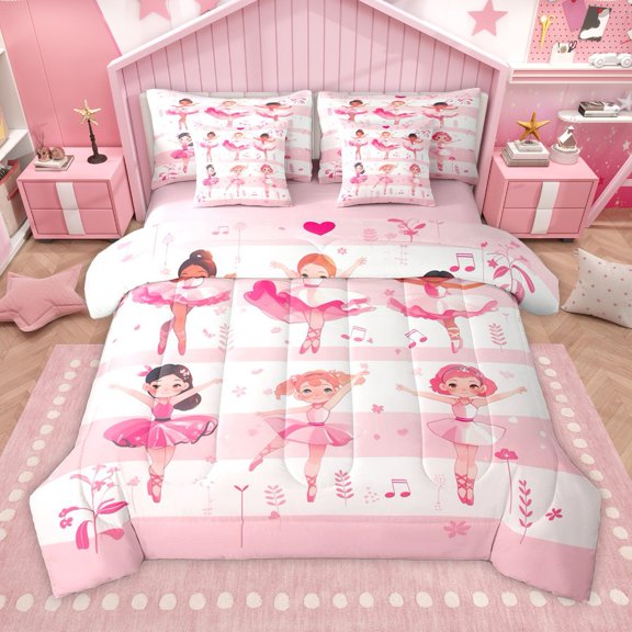 Manfei Children Teens Kawaii Ballet Girl 7-Piece Twin Bedding Sets,Dance Theme Bedding Comforter Set,Geometric Stripes Breathable Sheet Sets,Lightweight Room Decor,Reversible
