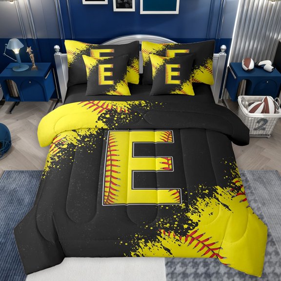 Manfei Children Teens Personalized Initial E Bedding Comforter Set 7-Piece,Graffiti Splash King Bedding Sets,Sport Baseball Ultra Soft Bed Sheets,Super Cozy Room Decor,Reversible