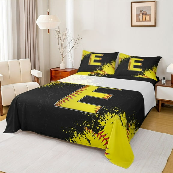 Manfei Children Teens Personalized Initial E Twin Sheet Sets 3pcs,Graffiti Splash Twin Fitted Sheet Microfiber,Sport Baseball Breathable Flat Sheet,Super Cozy Room Decor