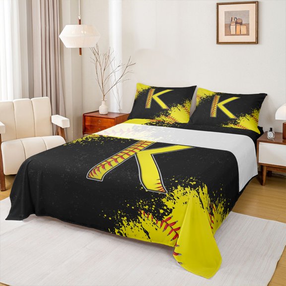 Manfei Children Teens Personalized Initial K Twin Sheet Sets 3pcs,Graffiti Splash Twin Fitted Sheet Microfiber,Sport Baseball Breathable Flat Sheet,Super Cozy Room Decor