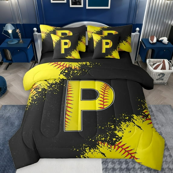 Manfei Children Teens Personalized Initial P Bedding Comforter Set 7-Piece,Graffiti Splash King Bedding Sets,Sport Baseball Ultra Soft Bed Sheets,Super Cozy Room Decor,Reversible