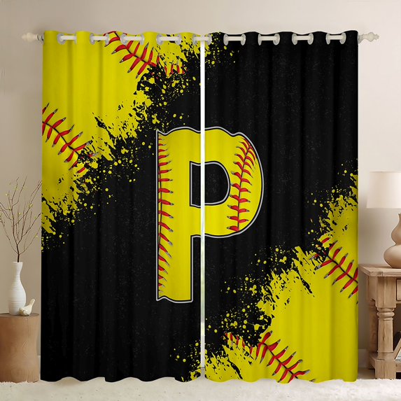 Manfei Children Teens Personalized Initial P Blackout Curtains Set of 2 (52x84 Each),Graffiti Splash Window Curtains,Sport Baseball Curtains and Drapes,Super Cozy Room Decor