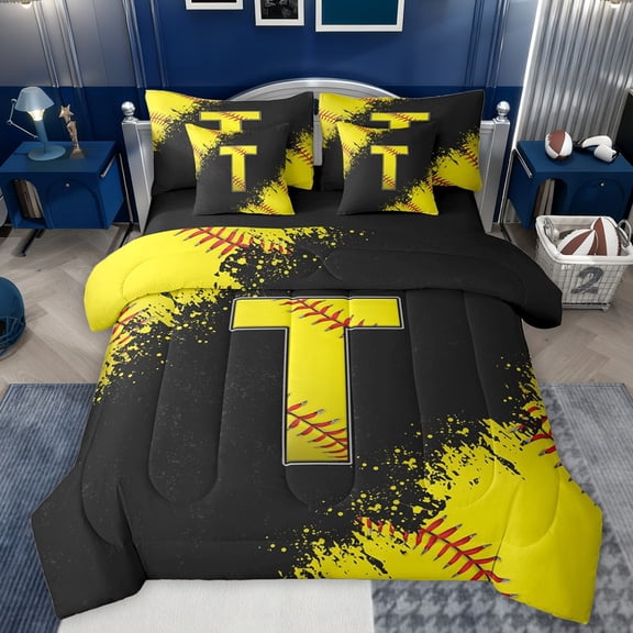 Manfei Children Teens Personalized Initial T Bedding Comforter Set 7-Piece,Graffiti Splash King Bedding Sets,Sport Baseball Ultra Soft Bed Sheets,Super Cozy Room Decor,Reversible