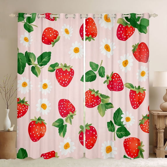 Manfei Children Teens Red Strawberry Black Out Curtains,Kawaii Flower Curtains Pack of 2 (42x63 Each),Fresh Floral Fruit Bedroom Curtains,Ultra Soft Home Decor