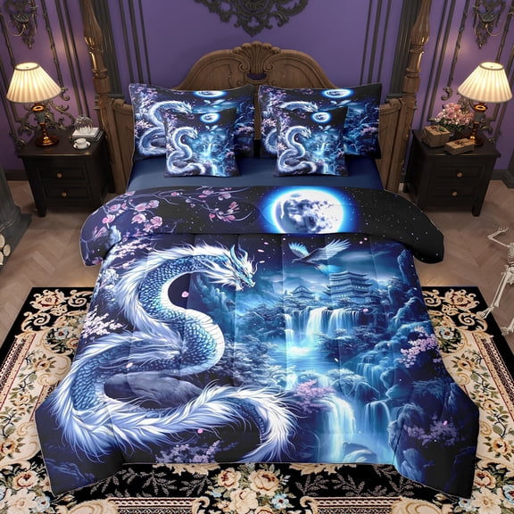 Homewish Chinese Dragon Print Bedding Comforter Set 7pcs for Boys, Dreamy Waterfall Castle Queen Bedding Sets, Psychedelic Japanese Style Reversible Queen Sheet Sets, Lightweight Room Decor