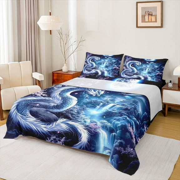 Manfei Chinese Dragon Print Twin Sheet Sets for Boys, Dreamy Waterfall Castle Twin Fitted Sheet, Psychedelic Japanese Style Flat Sheet, Lightweight Room Decor, 3pcs