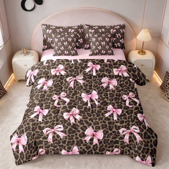 Pink Place Setting Manfei Chocolate Bow Leopard Queen Bedding, Pink Ribbon Dots Bedding ...