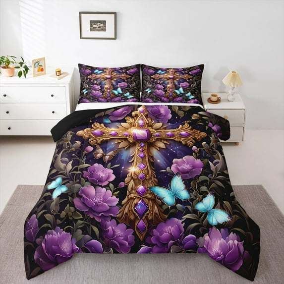 Manfei Christian Cross 2pcs Bedding Comforter Set,Butterfly Flower Twin Comforter Sets,Happy Easter Breathable Bedding Set,Microfiber Teens Bedroom Decor,Reversible