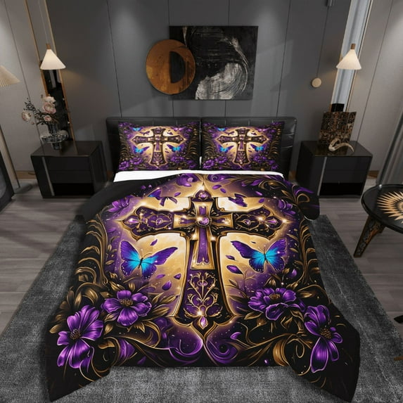 Manfei Christian Cross 2pcs Bedding Comforter Set,Chic Flower Twin Comforter Sets,Flying Butterfly Breathable Bedding Set,Lightweight Easter Bedroom Decorative,Reversible