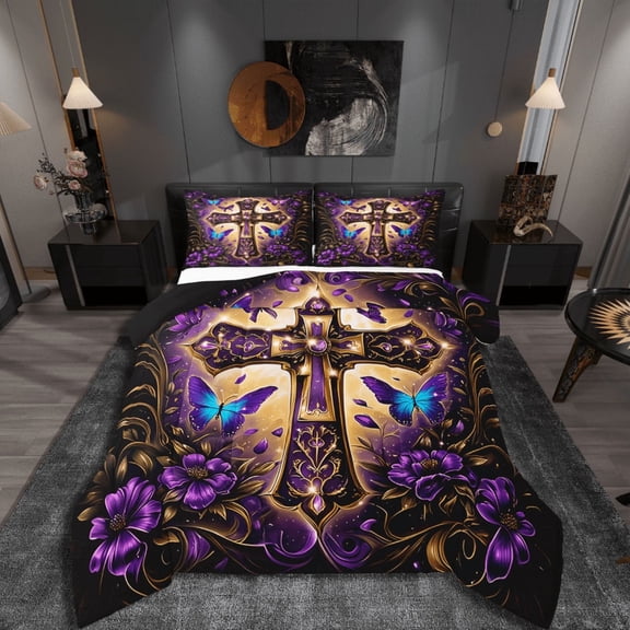 Manfei Christian Cross 3 Pieces Queen Comforter Set,Chic Flower Ultra Soft Bedding Sets,Flying Butterfly Bedding Comforter Set,Lightweight Easter Bedroom Decorative,Reversible