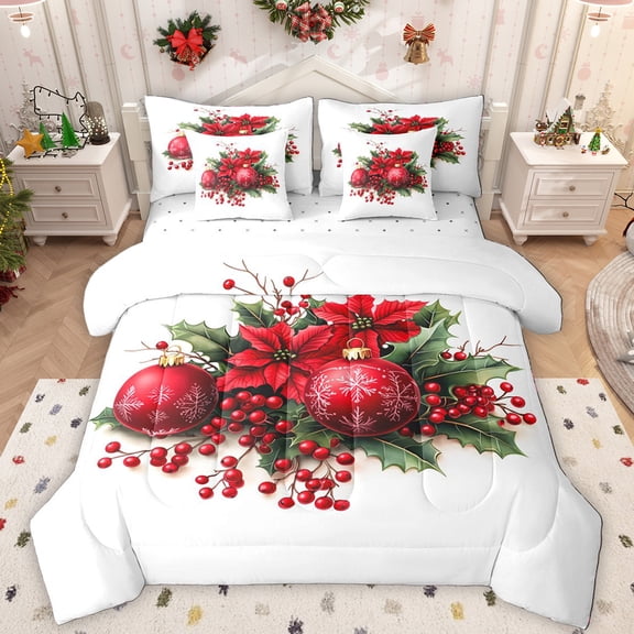 Manfei Christmas Berry 7-Piece Bedding Comforter Set,Chic Xmas Ball King Bedding Sets,Green White Red Bed Sheets For Adults,Microfiber Bedroom Decor