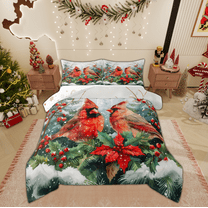 Manfei Christmas Bird Robin Bedding Comforter Set for Kid, Winter Flower Plant Twin Comforter Sets, Countryside Reversible Bedding Set, Microfiber Bedroom Decor, 2 Pieces