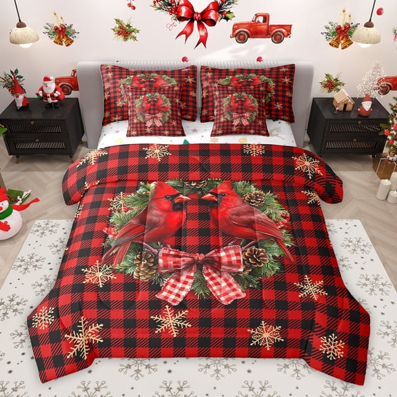 Homewish Christmas Bird Robin Twin Bedding Sets 7-Piece, Vintage Princess Bowknot Bedding Comforter Set, Black Red Buffalo Reversible Sheet Sets, Luxury Bedroom Decor