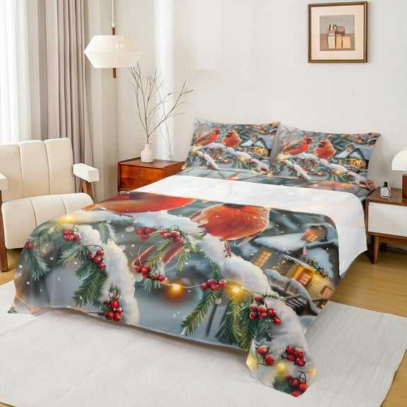 Manfei Christmas Bird Robin Twin Sheet Sets for Kid, Winter Flower Plant Twin Fitted Sheet, Countryside Flat Sheet, Microfiber Bedroom Decor, 3 Pieces