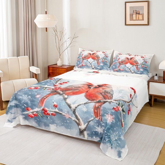 Manfei Christmas Bird Robin Twin Sheet Sets for Kid, Winter Flower Plant Twin Fitted Sheet, Countryside Flat Sheet, Microfiber Bedroom Decor, 3 Pieces