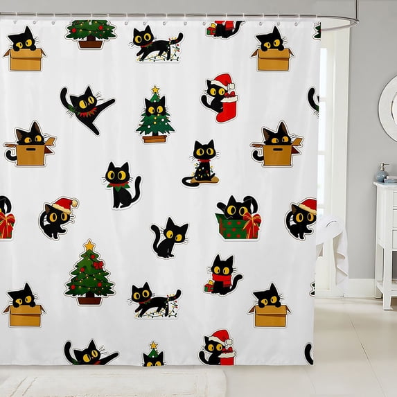 Manfei Christmas Black Cat Shower Curtain 72Wx72L, Holiday Tree Bathroom Curtain, White Green