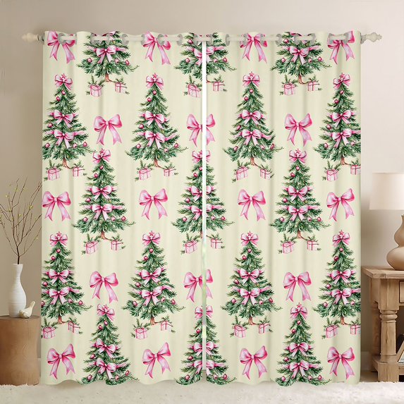 Manfei Christmas Bow Knot Tree Curtains Pack of 2 (42x84 Each) for Kids Children,Happy New Year Curtains Blackout,Xmas Festival Bedroom Curtains,Lightweight Room Decor