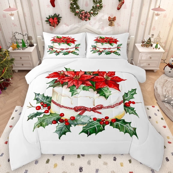 Manfei Christmas Bowtie Cake Bedding Comforter Set,Happy Christmas Twin Comforter Sets,Red Berry Xmas Floral Bedding Set For Kids,Luxury Bedroom Decor,2pcs