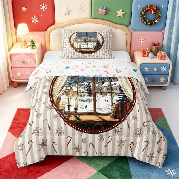 Manfei Christmas Bright Snowman Twin Comforter Sets,Country Gift Bedding Set,Xmas Reversible,2-Piece,1 Comforter and 1 Pillowcase