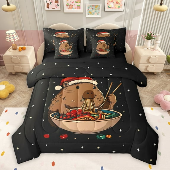 Homewish Christmas Capibara Lover Bedding Comforter Set 7pcs, Tokyo Japanese Ramen King Bedding Sets, Dreamy Glitter Stars Print Reversible Bed Sheets, Lightweight Room Decor