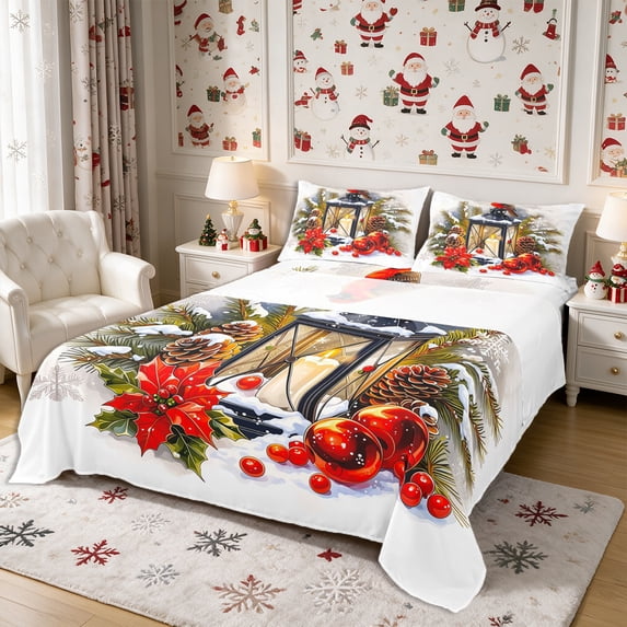 Manfei Christmas Cardinal Bird Bed Sheets 4-Piece,Happy Xmas Full Size Sheets,1 Flat Sheet,1 Fitted Sheet and 2 Pillowcases
