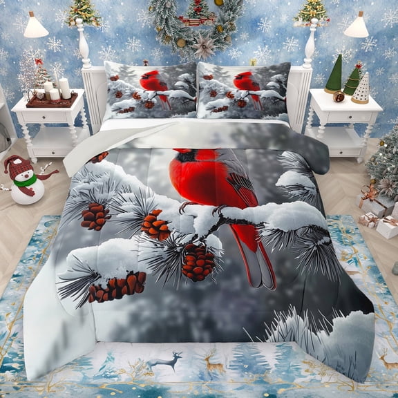 Manfei Christmas Cardinal Bird Bedding Comforter Set,Brown Pine Cone Twin Comforter Sets,Red White Brown Bedding Set For Girls Kids,Super Cozy Room Decor Reversible,2 Pieces