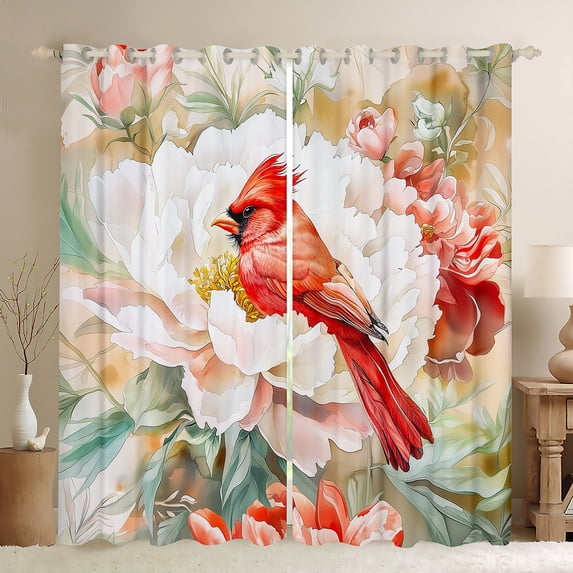 Manfei Christmas Cardinal Bird Black Out Curtains,Vintage Flower Curtains Pack of 2 (42x63 Each),Red Pink Green Bedroom Curtains For Girls Kids,Super Cozy Room Decor