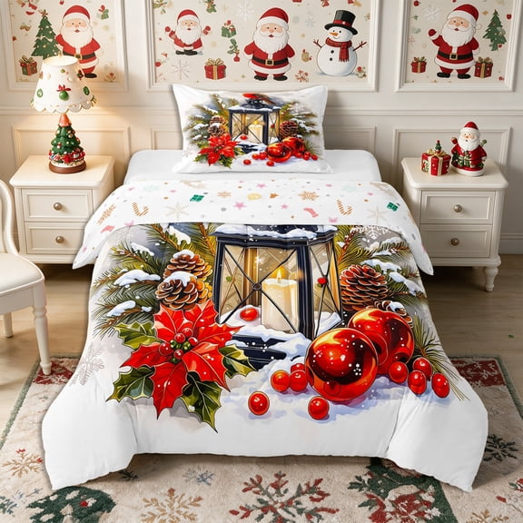 Manfei Christmas Cardinal Bird Twin Comforter Sets 2pcs,Happy Xmas Bedding Set,1 Comforter and 1 Pillowcase,Reversible