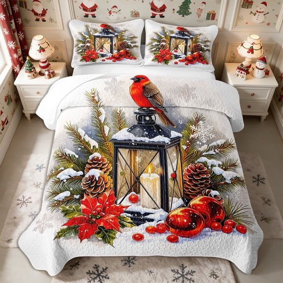 Manfei Christmas Cardinal Bird Twin Quilt Set 2 Pieces,Happy Xmas Twin Coverlet Set,1 Bedspread and 1 Pillowcase