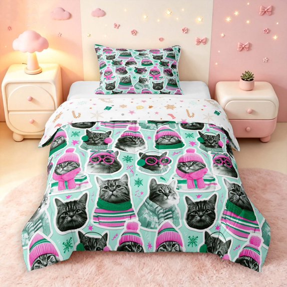 Manfei Christmas Cat Animals Twin Comforter Sets,Traditional Snowflake Stripes Bedding Set,Green Gray,Christmas Reversible,2-Piece,1 Comforter and 1 Pillowcase